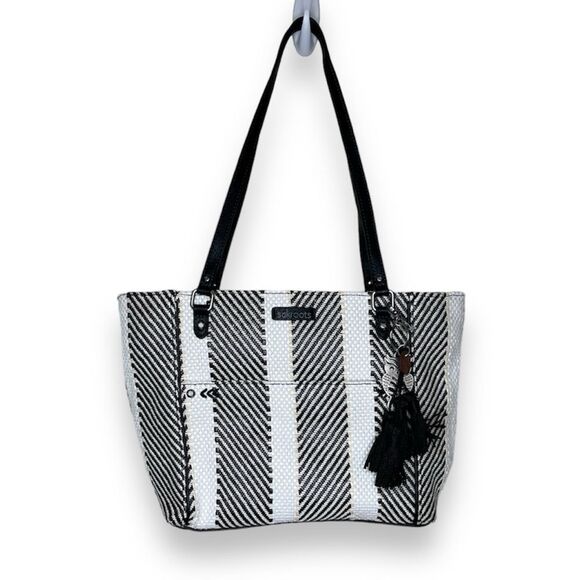 Sakroots Metro Woven Top Zip Tote Shoulder Bag Black White Owl Critter Keychain - Picture 1 of 14